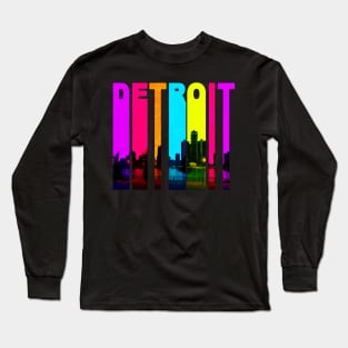 Retro Detroit Michigan Cityscape Skyline Long Sleeve T-Shirt